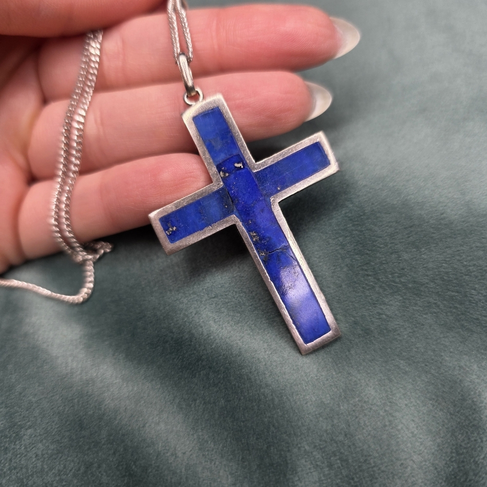 Vintage Sterling Silver Lapis Lazuli Blue Cross Pendant Necklace